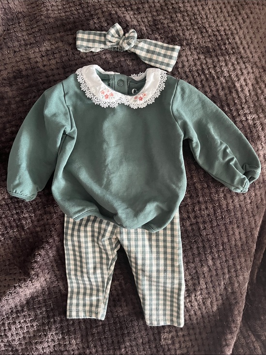 C&A baby Other - Girls Green Collar Top, Gingham Leggings & Headband Matching Set